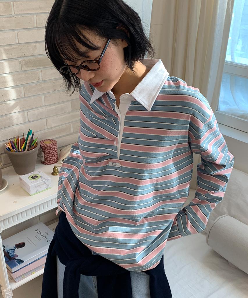 RONRON Double Shirring Stripe Collar Long Sleeve Pink