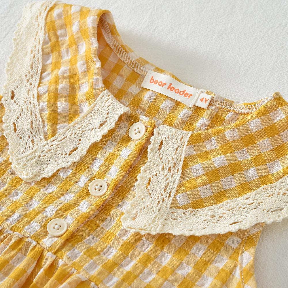Girls Summer Plaid Sleeveless Collar Top With Lace Trim And Shorts 2 Piece Outfit Set