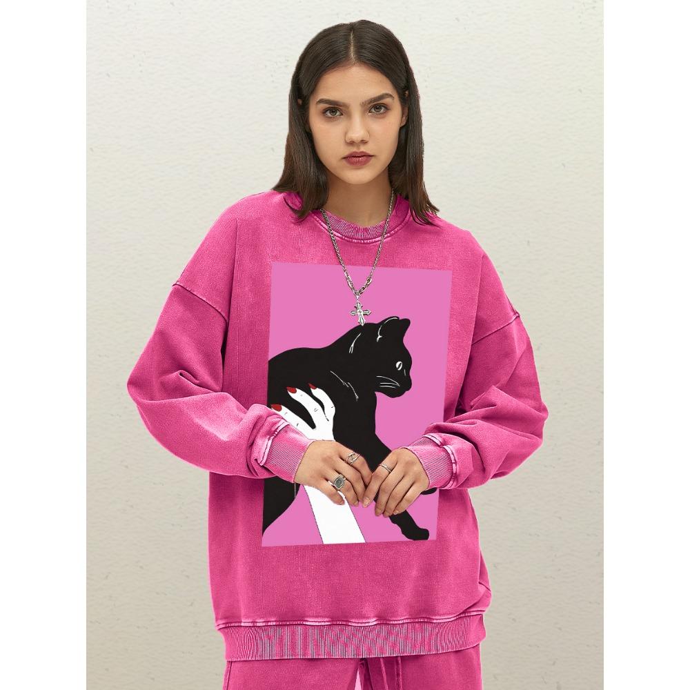 

Женский свитшот с принтом черного кота, хлопковый, уличная одежда, удобная мягкая одежда, свободная спортивная одежда 3XL