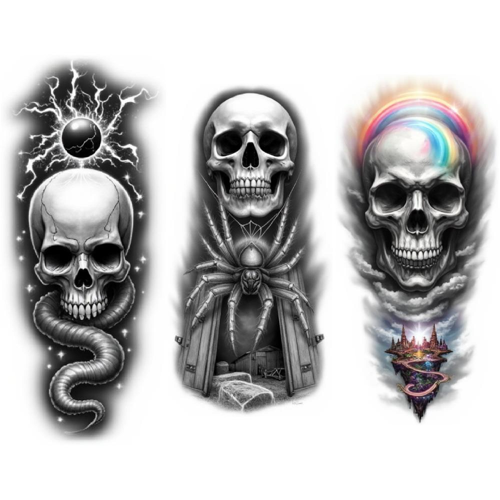 3 Stück Temporäre Tattoos Wasserdicht Langlebig Körperaufkleber Totenkopf mit Krähe Totenkopf mit Spinne und Portal Skelett mit Flügeln Für