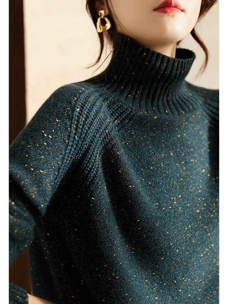Korean Style Gold Thread Knit Loose High Neck Women's Sweater