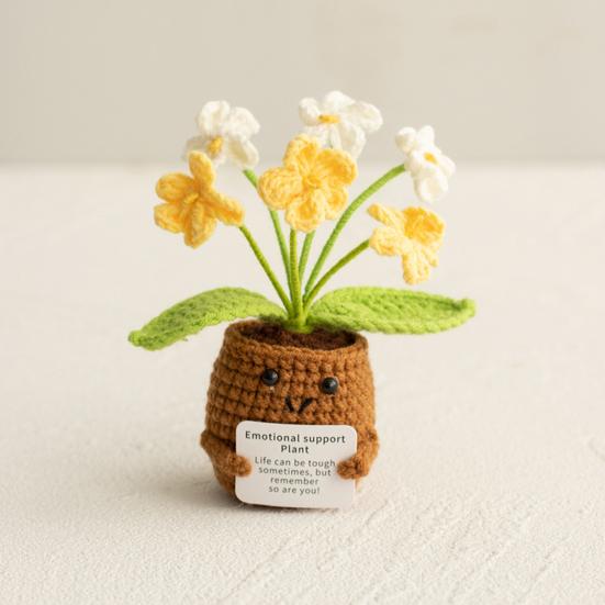 Heklet potteplante med positivt kort Emosjonell støtte Håndlaget strikket potteplante Dukke Stressreduserende leketøy Skrivebordsdekorasjon Ornament