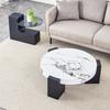 Modern Round Side Table, Two Levels, Grey Glass Plate, Black MDF, L-shape. White Marble-look Tabletop. Disassemblable Design, Flexible Space Use.