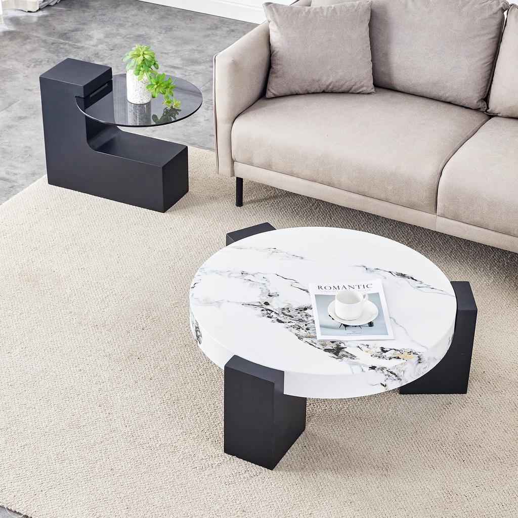 Modern Round Side Table, Two Levels, Grey Glass Plate, Black MDF, L-shape. White Marble-look Tabletop. Disassemblable Design, Flexible Space Use.
