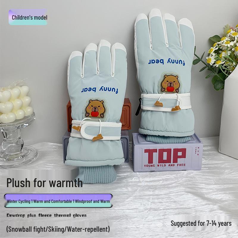 

Kids Warm Fleece-lined Bear Gloves - Water-repellent, Windproof for Winter Skiing and Snowball Fights