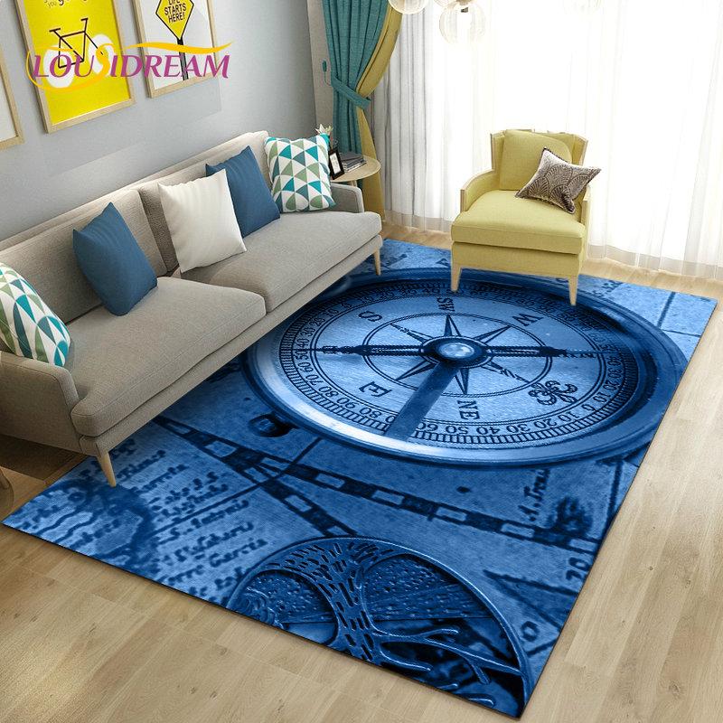 Alfombra retro con diseño de mapa del mundo vintage y brújula, para sala de estar, dormitorio, sofá, decoración, alfombra antideslizante para el suelo