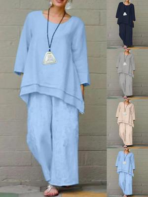 2023 Chinese Style Plus Size Women's Retro Pants Set: Solid Color Cotton Linen Casual Long Sleeve Loose Fit