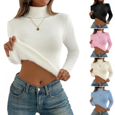 Women Sweater Turtleneck Long Sleeve Velvet Lining Base Layer Warm Breathable Elastic Solid Color Tops Knitwear