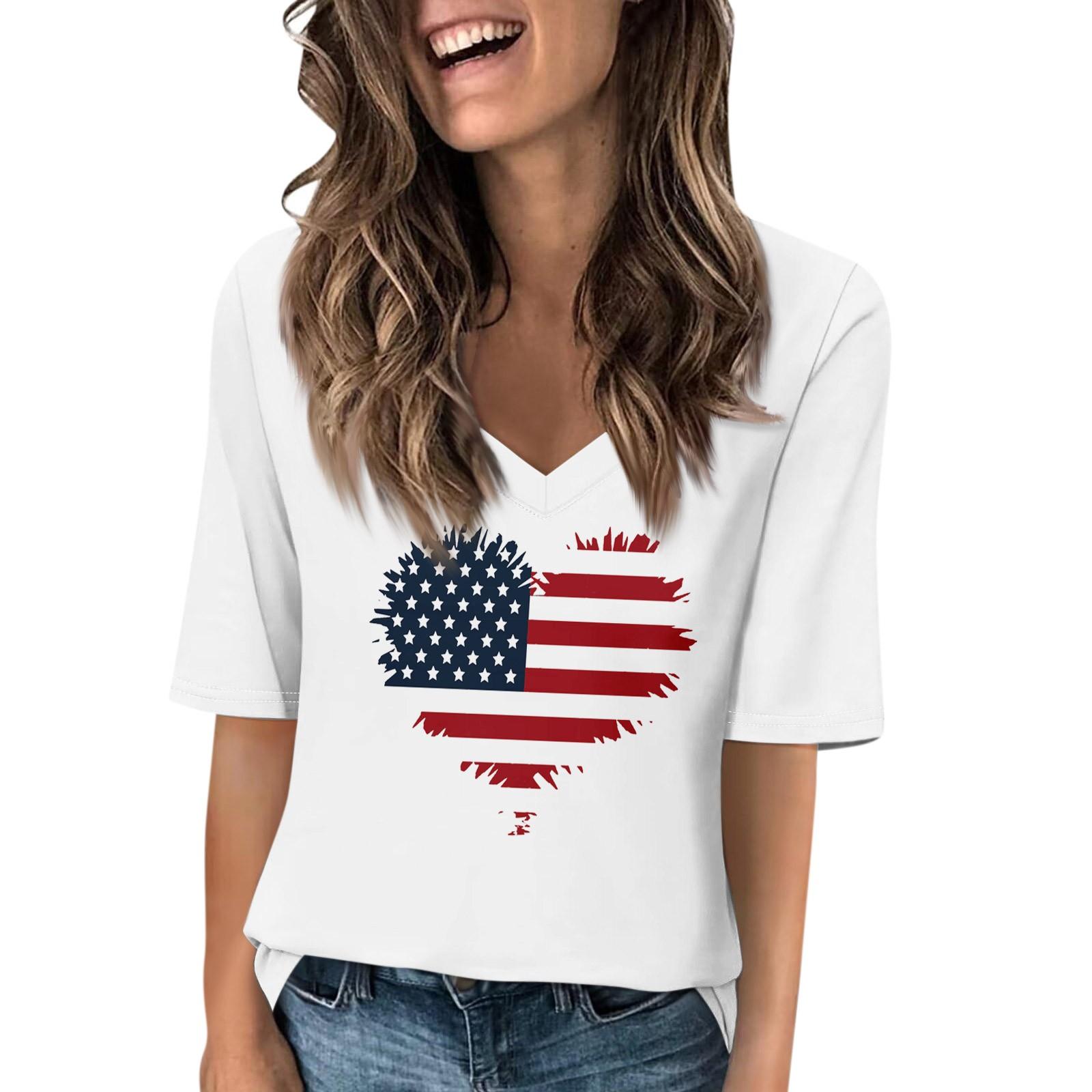 

Женские футболки с v-образным вырезом, топы с половиной рукавов, повседневные летние футболки с принтом на День независимости, футболка, блузка XL белый