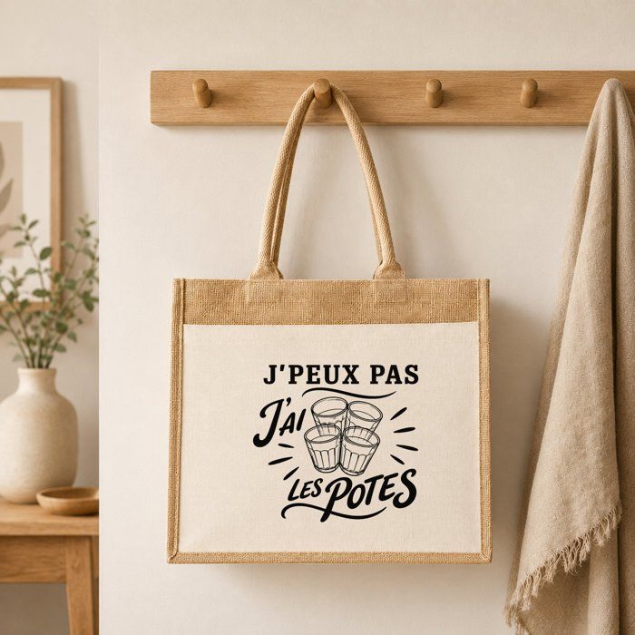 Sac Cabas Jute avec Poche J’peux pas j’ai les Potes J'peux pas minimaliste | Toile de Jute et Coton 21 L Fond Plat Anses 65 cm