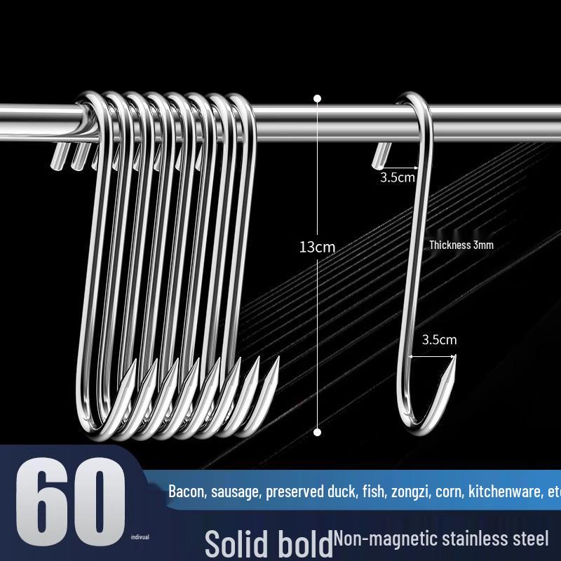 Stainless Steel S-Shaped Hook for Hanging and Drying Meat: Bacon, Duck, Sausage, Pork, Fish - Thickened and Pointed.