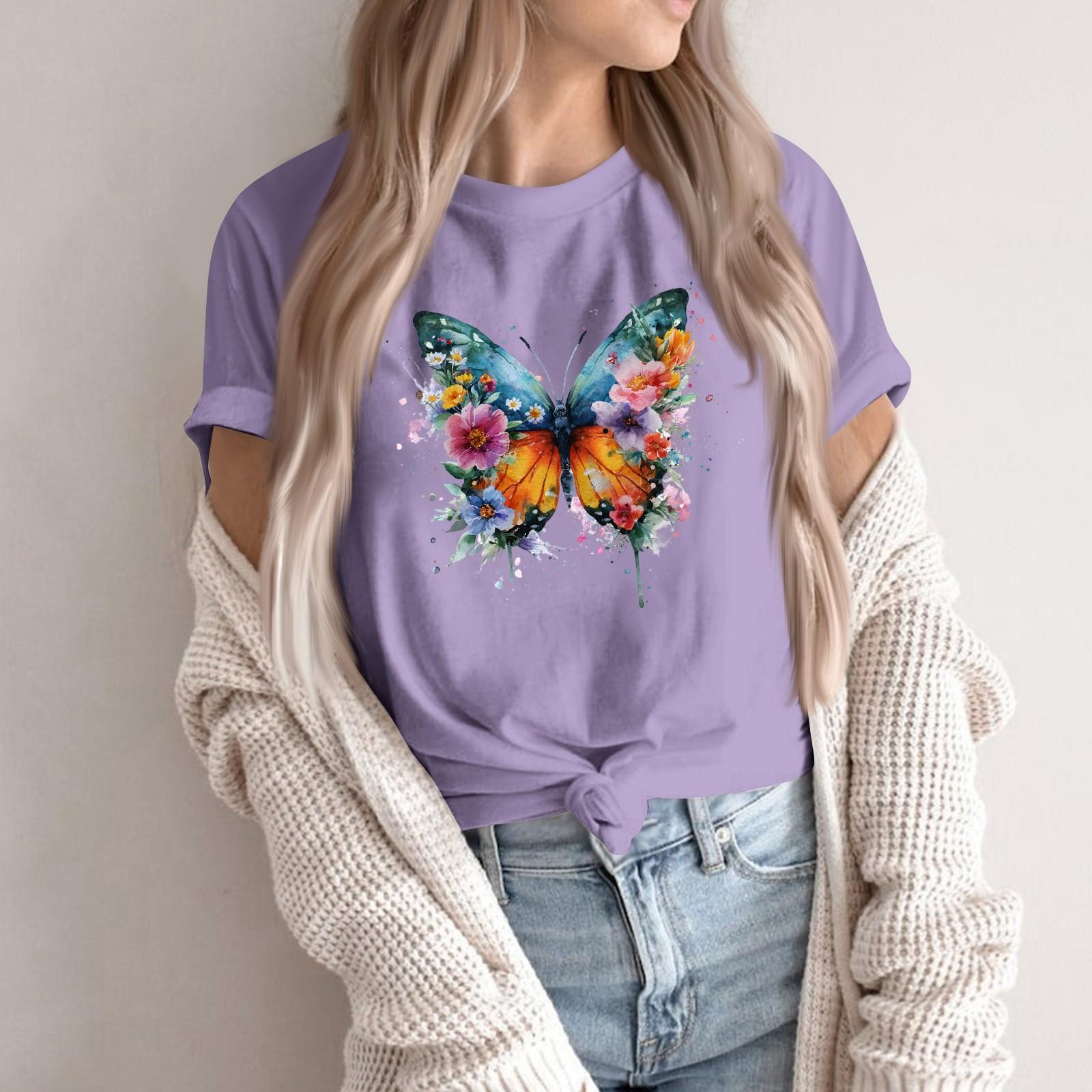 

Женская модная повседневная футболка-пуловер с принтом, круглым вырезом и короткими рукавами XL фиолетовый