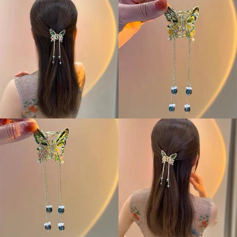 1PC Transparent Butterfly Wings Tassel Hairpin, Elegant Chinese Shark Clip, Ladies Hairpin
