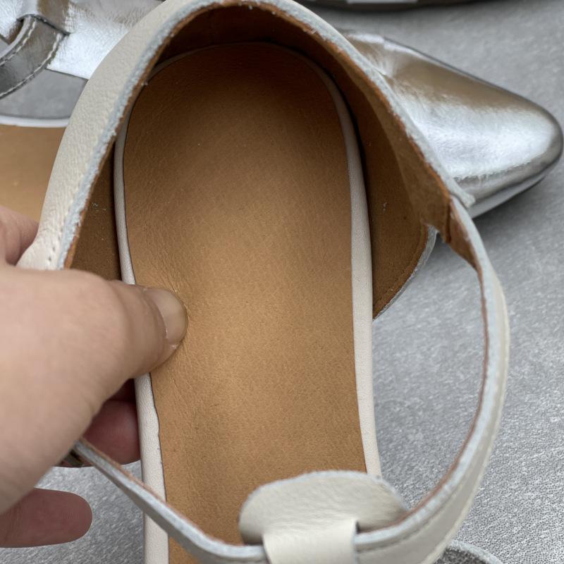 Johnature Handmade Genuine Leather Pointed Toe Sandals Retro Hollow Buckle Woven Cowhide Women's Shoes