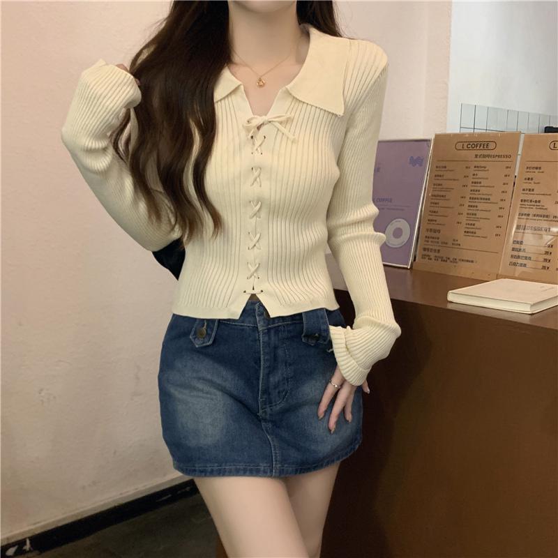 Polo Collar Long Sleeve Knitted Slim Petite Sweater for Women - Early Autumn Collection