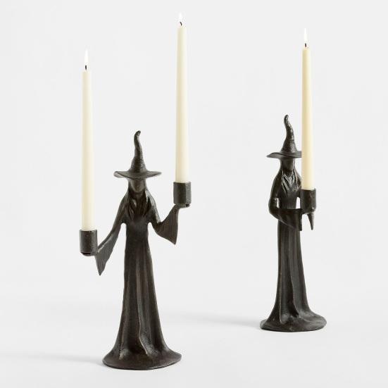 Halloween Witch Candle Holder Handmade Black Witch Statue 8.66-inch Retro Witch Candlestick Halloween Fall Decoration