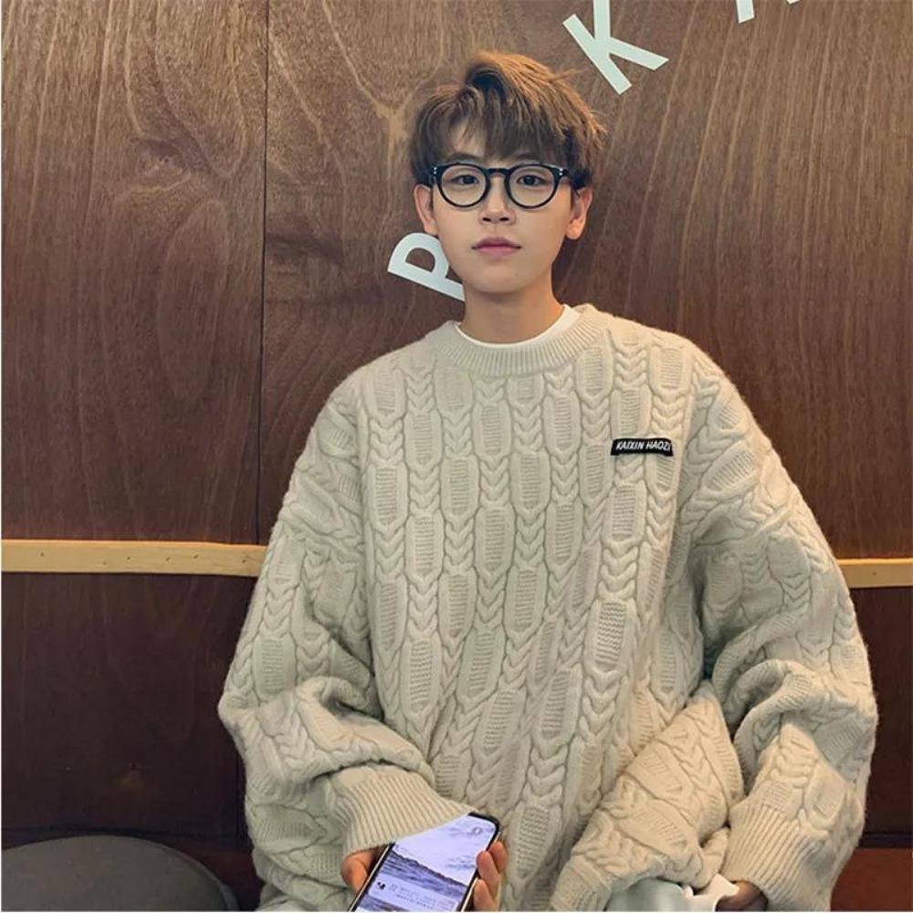 

New jacquard striped sweater men s thickened lazy style premium sense loose retro crew neck knitted sweater M code