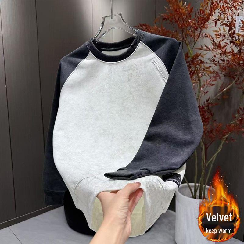 Men s Korean Style Fleece-Lined Color Block Sweatshirt - Mature Casual Autumn/Winter Top 4XL бежевый