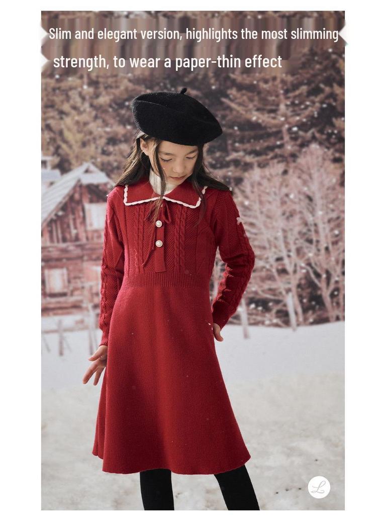 Sangluo Girls' Knit Woolen Dress - 2025 Autumn/Winter Red New Year Outfit