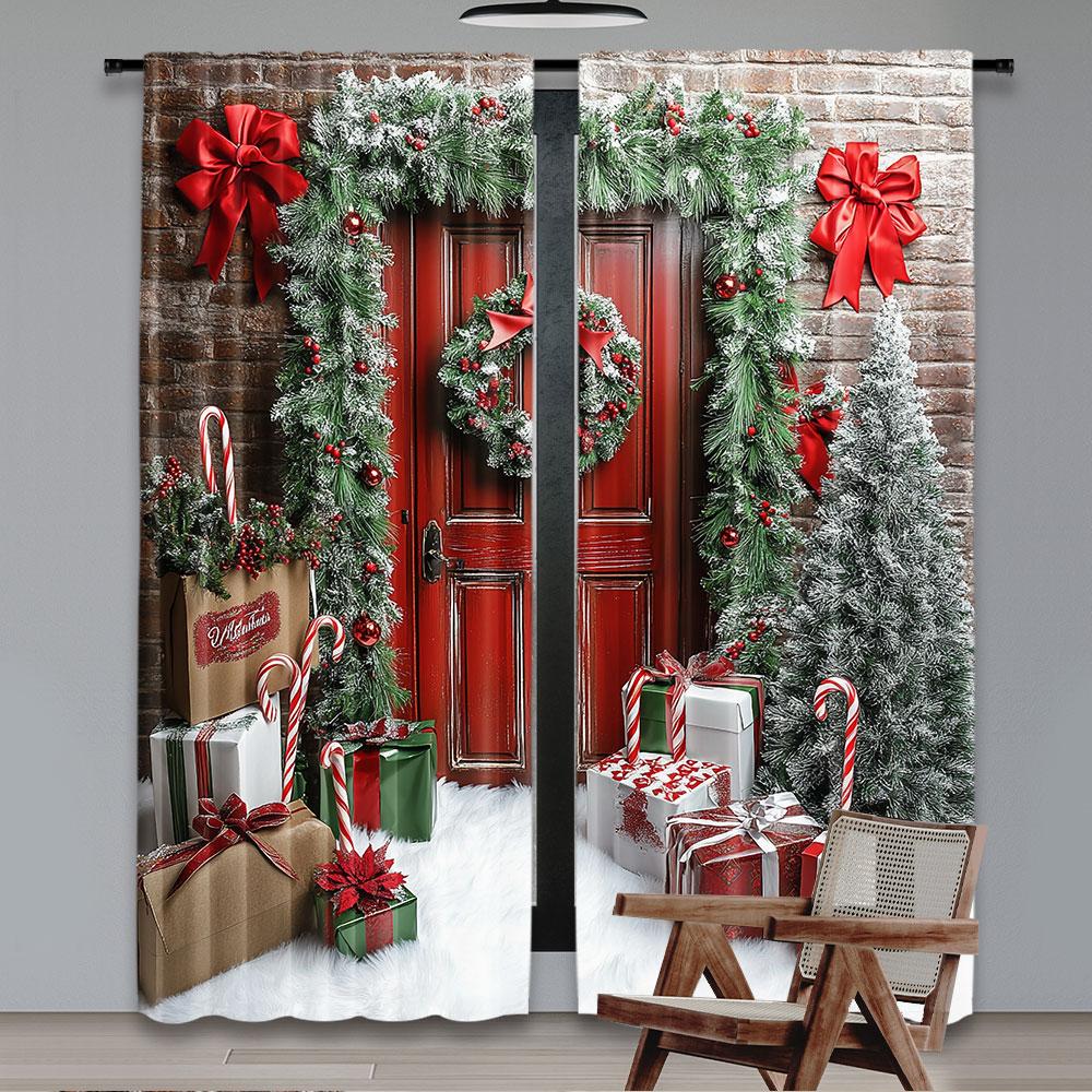 2Pcs Christmas Curtains Brick Wall Wooden Door Christmas Tree Gift Decorative Xmas Suitable For Bedroom Living Room Dining Room