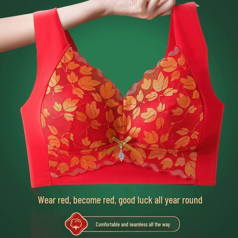 Year of the Rat Festive Red Plus Size Beautiful Back Bra - Anti-Sagging, Seamless, Fixed Cup