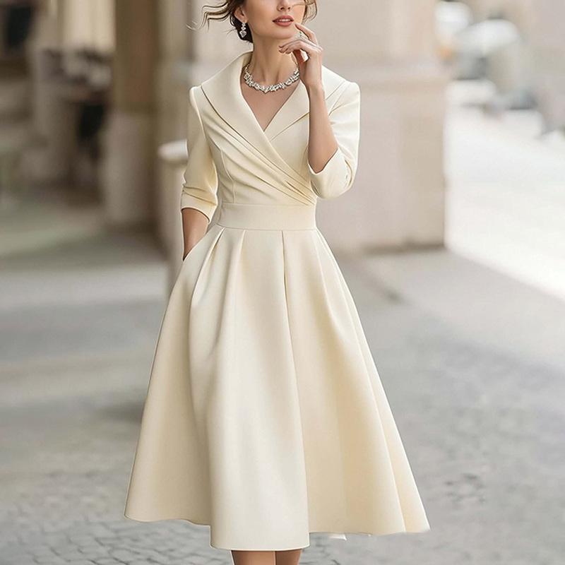 

Women s spring new models, Europe, America, fashion temperament, waist and thin V-neck dress 3XL абрикосовий