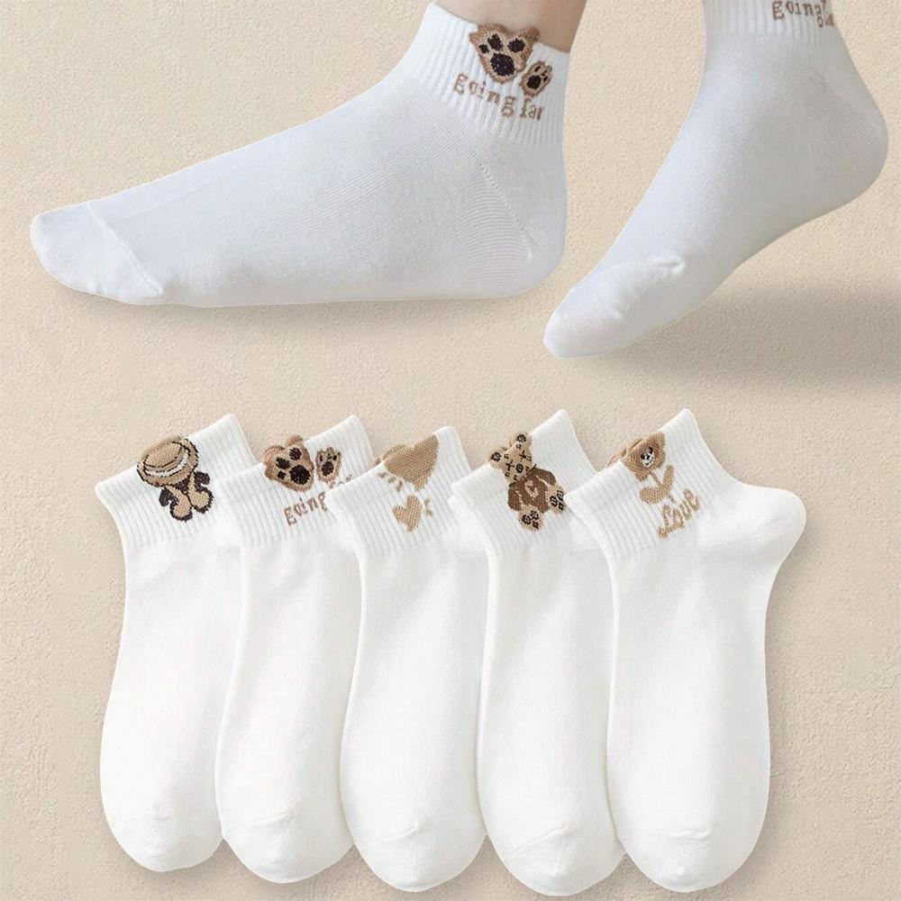 5 pares de calcetines tobilleros con estampado de dibujos animados para mujer, versátiles, modernos, creativos, transpirables, cómodos e informales.
