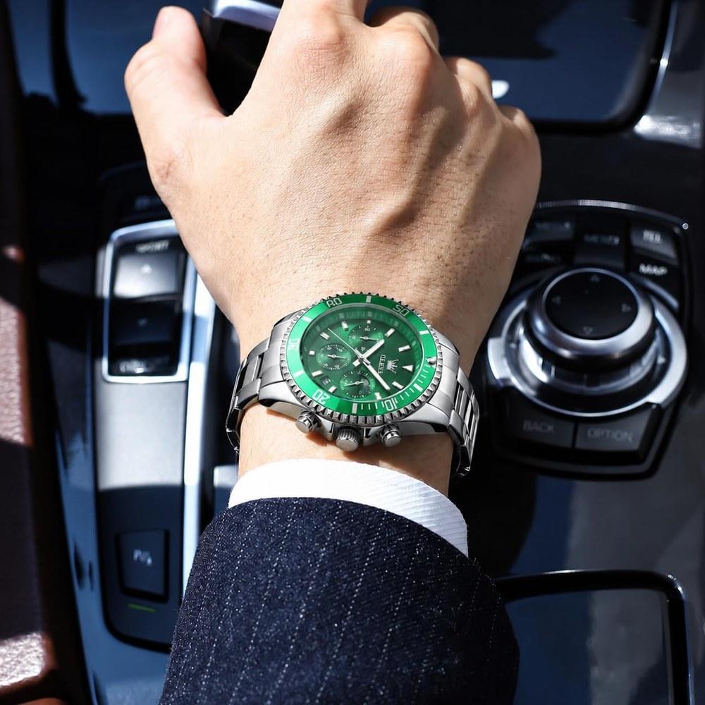 OLEVS Men's Quartz Watch Chronograph Waterproof Luminous Stainless Steel Band Green Wristwatch Business Easy-to-Read