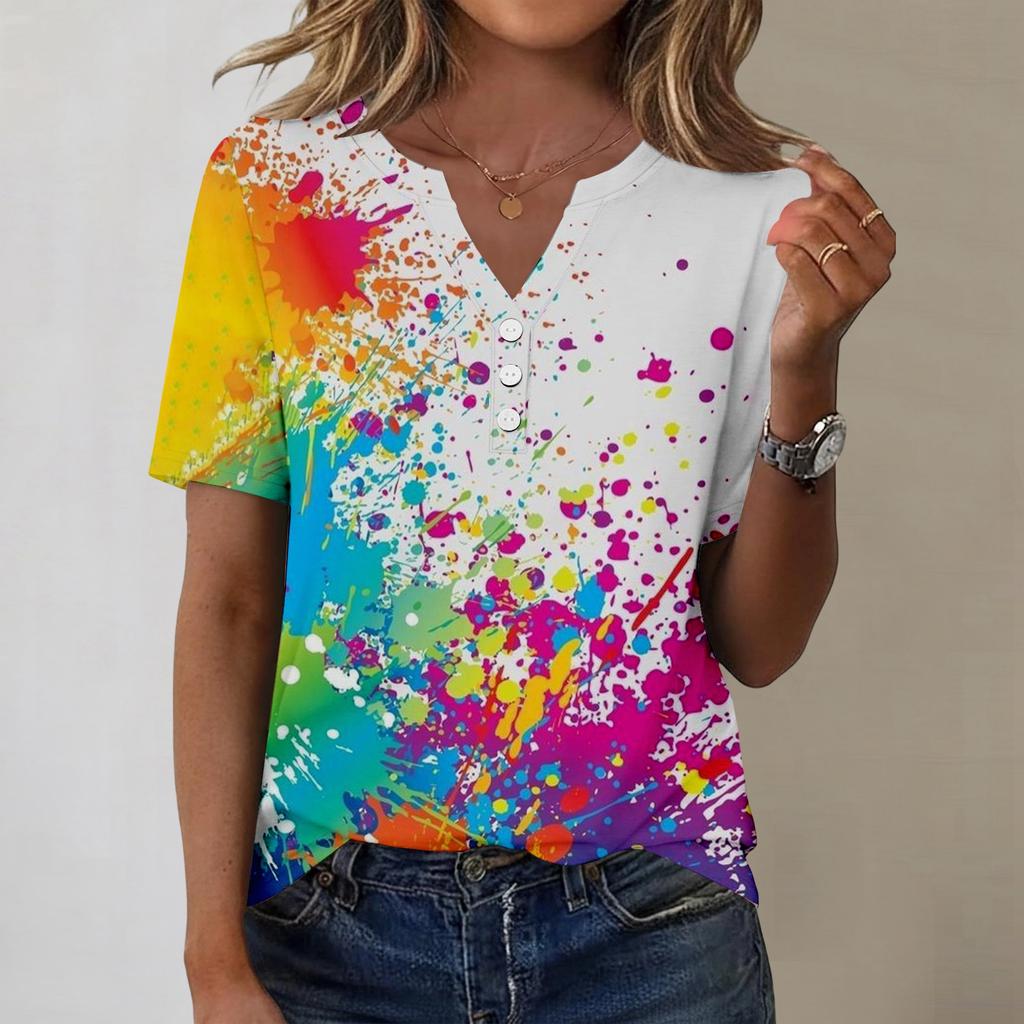 Women's Fashionable Casual Short-sleeved Retro Printed V-neck Top