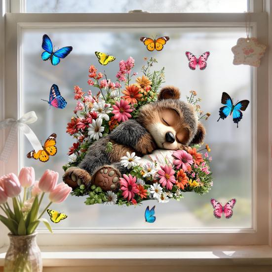 Spring Flower Wreath Window Cling Tulip/Sunflower/Rose Flower Static PVC Sticker Removable Glass Decals for Home Office Shop