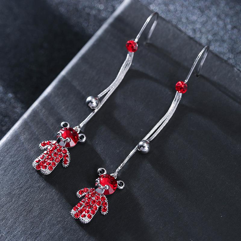 Simple Ruby Geometric Bear Earrings: Cute Diamond-Inlaid Studs, Girlish Niche Jewelry