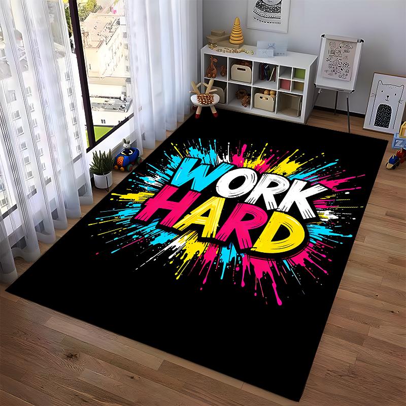 Colorful Motivational "Work Hard" Quote Carpet with Splash Design Suitable for Use As an Anti-slip for Living Room Bedroom Sofas