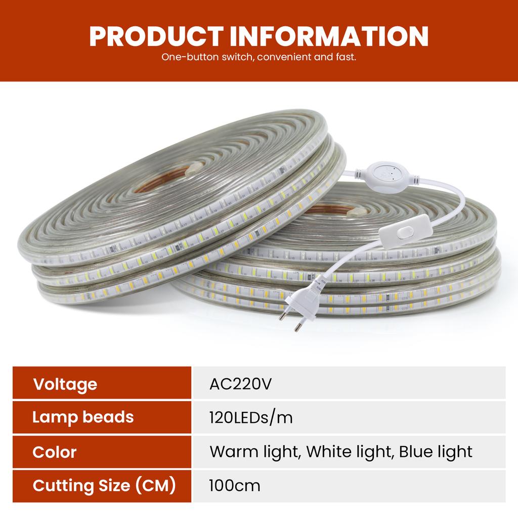 AC 220V LED Strip Light 120 LEDs/M IP65 Waterproof Flexible Ribbon Warm Natural White Blue Home Decor With On Off Switch