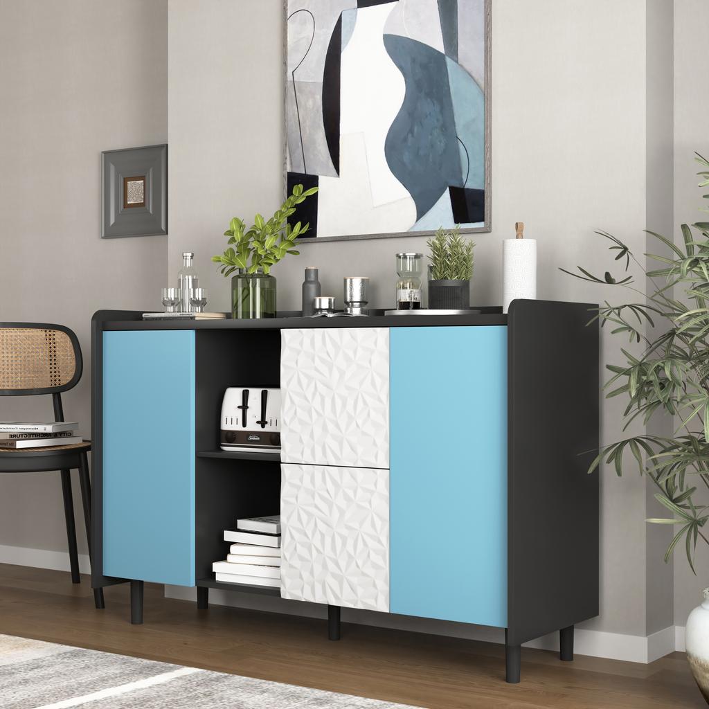 Sideboard Buffet Cabinet, Black with Blue Doors, 2 Drawers with Unique Panel Styling, 2 Open Compartments, Coffee Bar, Accent Cabinet for Kitchen