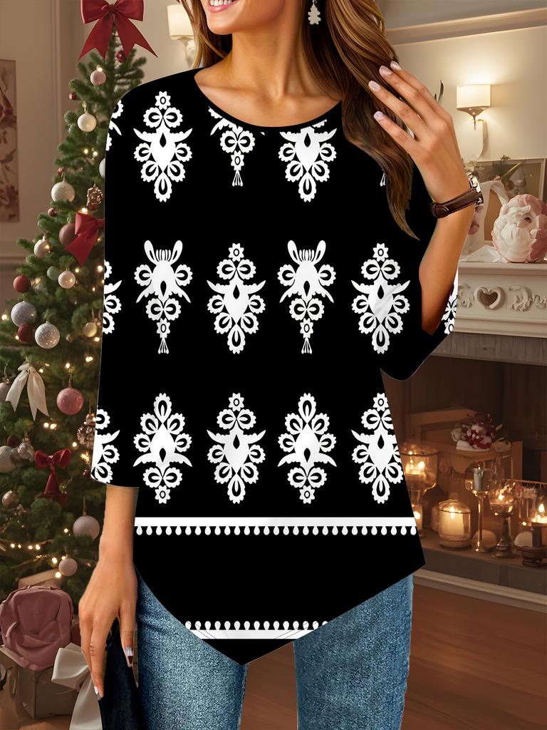 Women's Loose Round Neck Three Quarter Sleeve Tee 3D Geometry Pattern