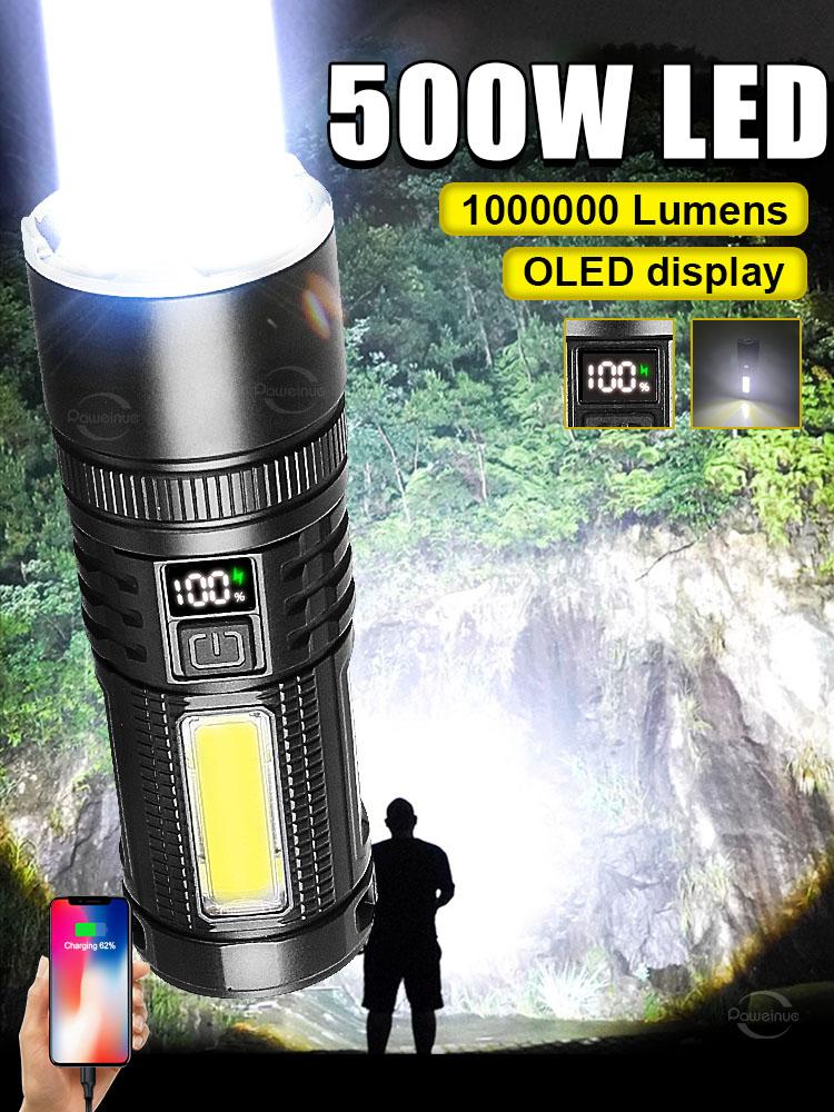 12000 Lumen, 500 W, neuer Docht, leistungsstarke Taschenlampe, wiederaufladbares Blitzlicht, große Reichweite, 3000 m, Suchscheinwerfer mit Seitenlicht