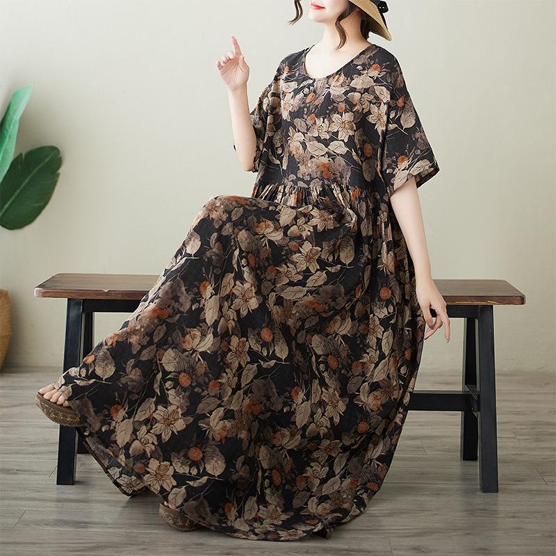 New Plus Size Summer Short Sleeve Round Neck Printed Long Dress Plus Size - One Size