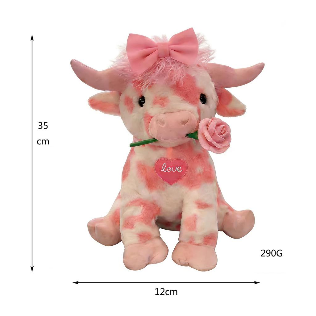 Pink Cow Plush Toy with Heart Embroidery and Rose Cute Stuffed Animal Gift for Christmas or Soft Plush Toy Decoration, Girls, Birthday,