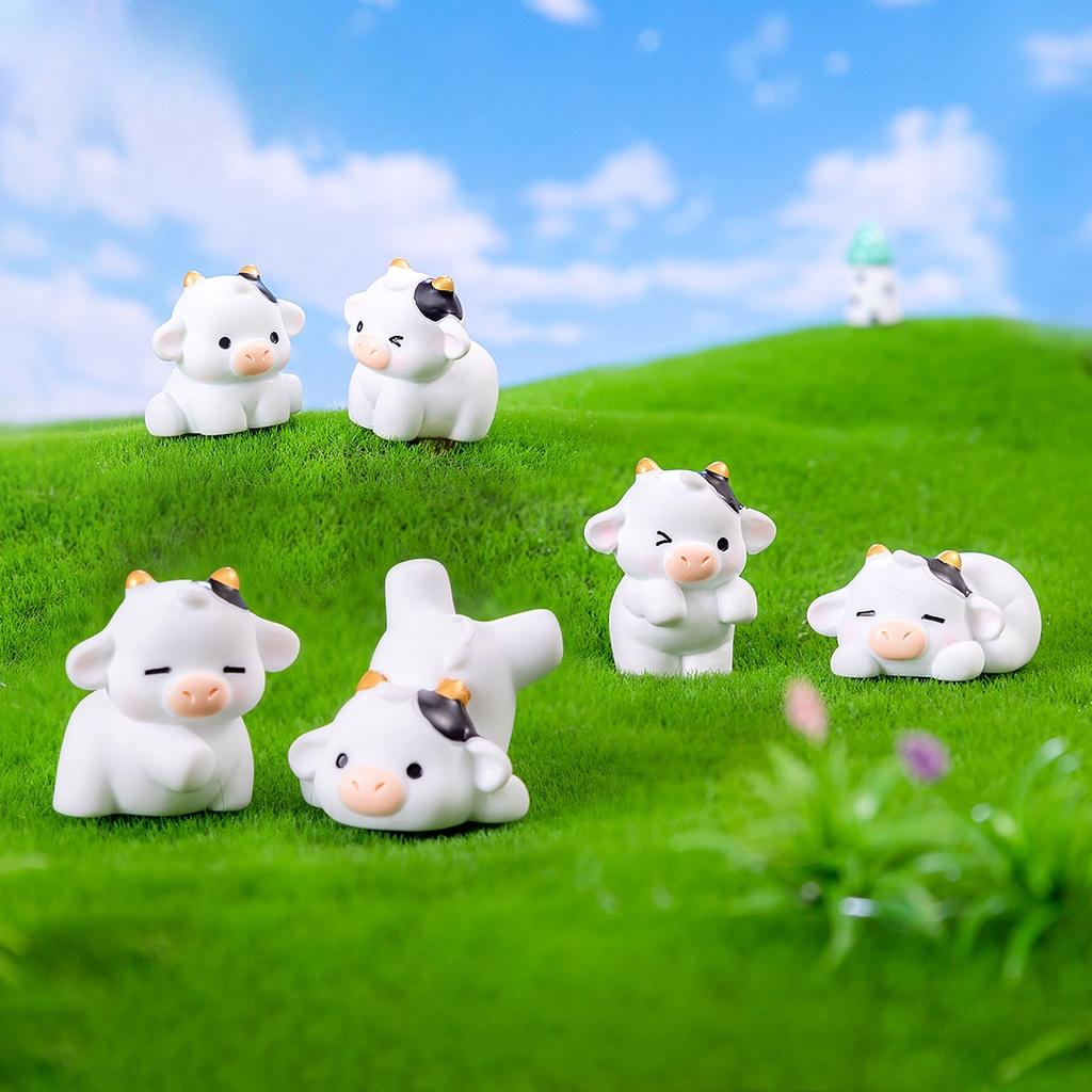 6Pcs/set Cartoon Mini Cow Animal Miniatures Mini Figures DIY Fairy Garden Decoration Moss Terrarium Micro Landscape