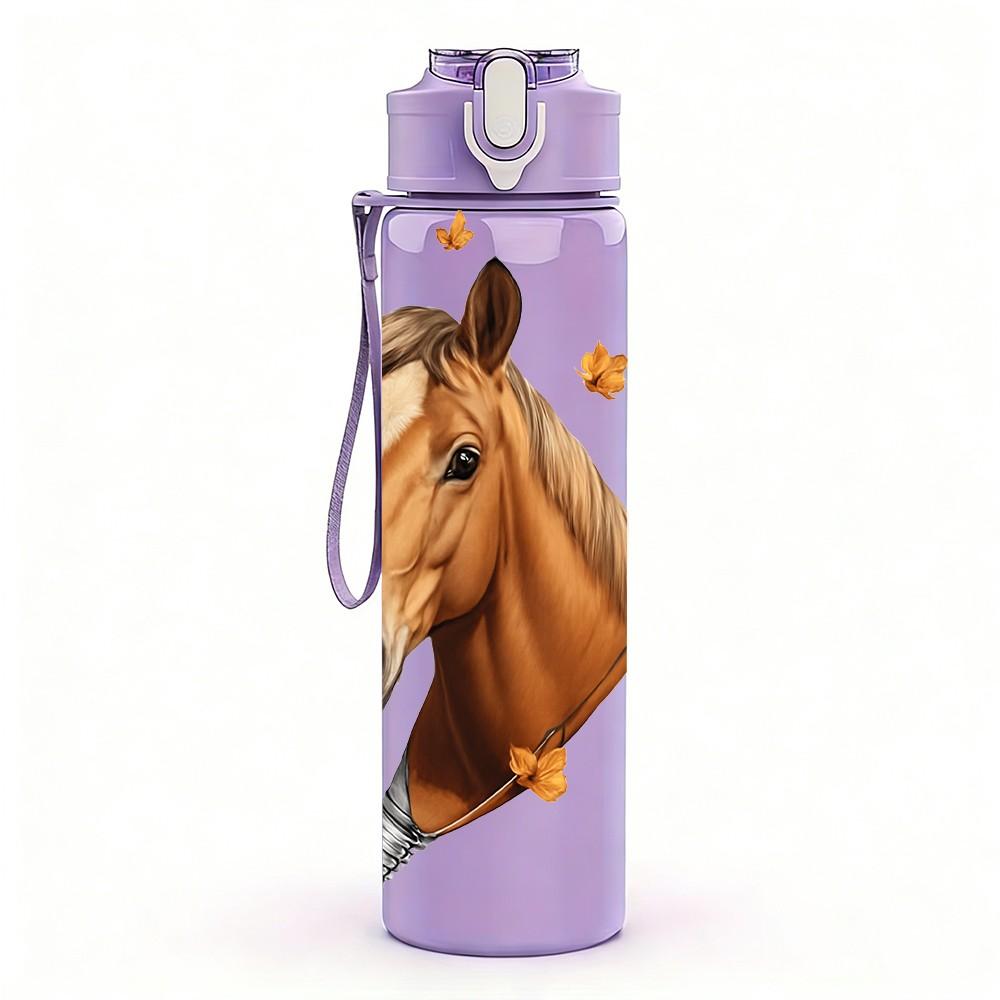 1PC Horse Head With Feather Decoration Print 750ml Color Plastic Sports Water Bottle Leakproof Flip Straw Lid Suitable for Sports Office Home Use