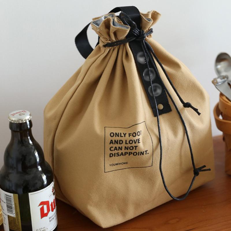 Insulation  Meal  Bag Canvas Japanese Style Simple Waterproof Drawstring Lunch Handbag