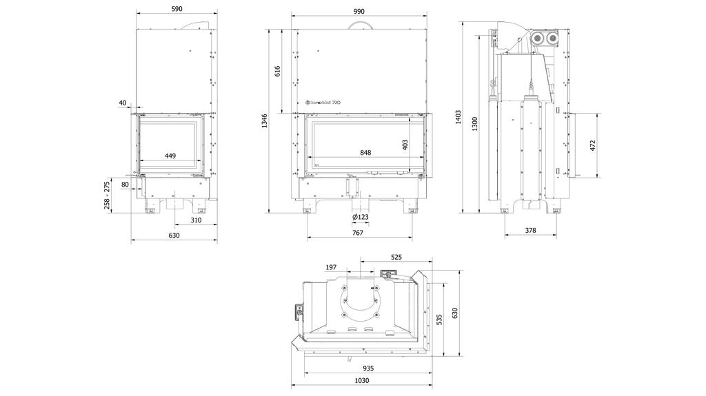 Steel Fireplace KRATKI NADIA Right 14 kW Ø 200 Lift-up