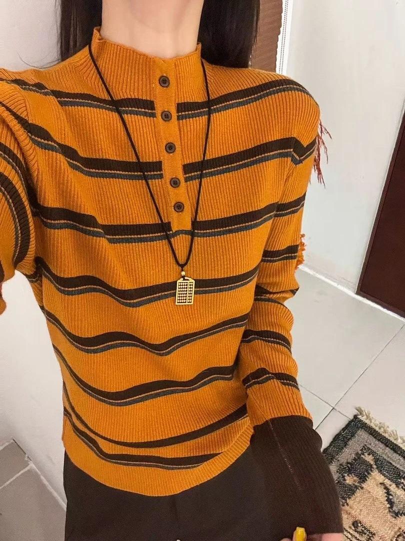 

Contrasting color striped knitted sweater women s autumn and winter semi-turtleneck button-up long-sleeved inner top temperament high intelligence L помаранчевий