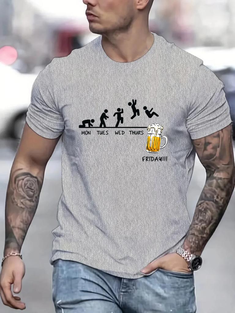 Summer Men's 100% Cotton Casual Size Jumping In Beer Print Round Neck Short Sleeved T-shirt Top