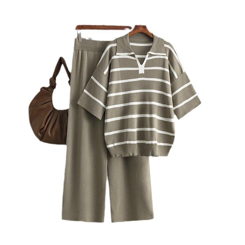 Contrasting stripes fashion suit summer new casual loose knitted wide-leg pants two-piece set