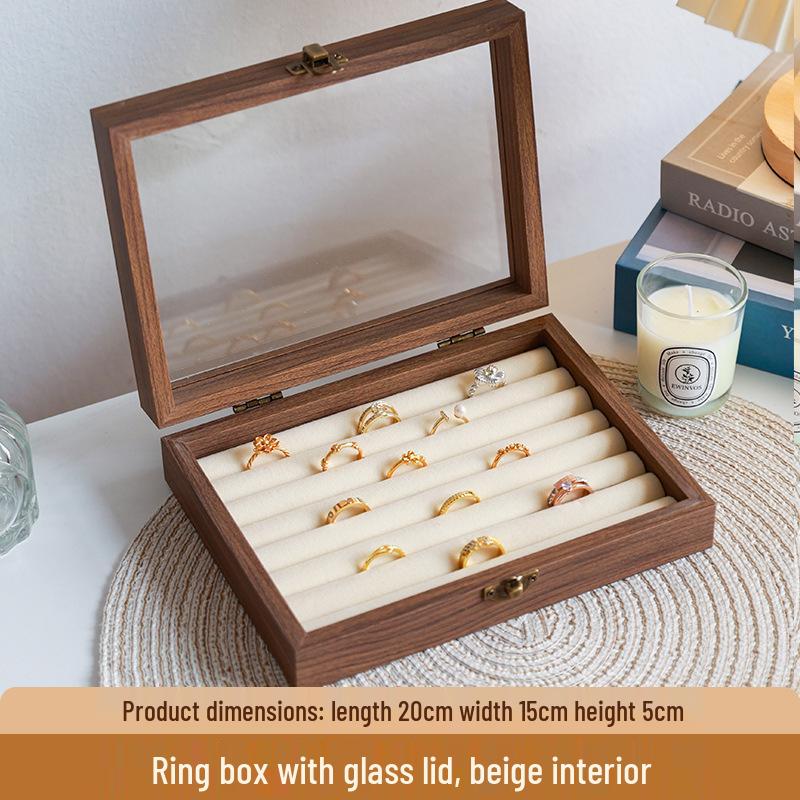 High-End Walnut Wood Grain Flip-Top Jewelry Box – Dustproof, Anti-Oxidation Ring Display
