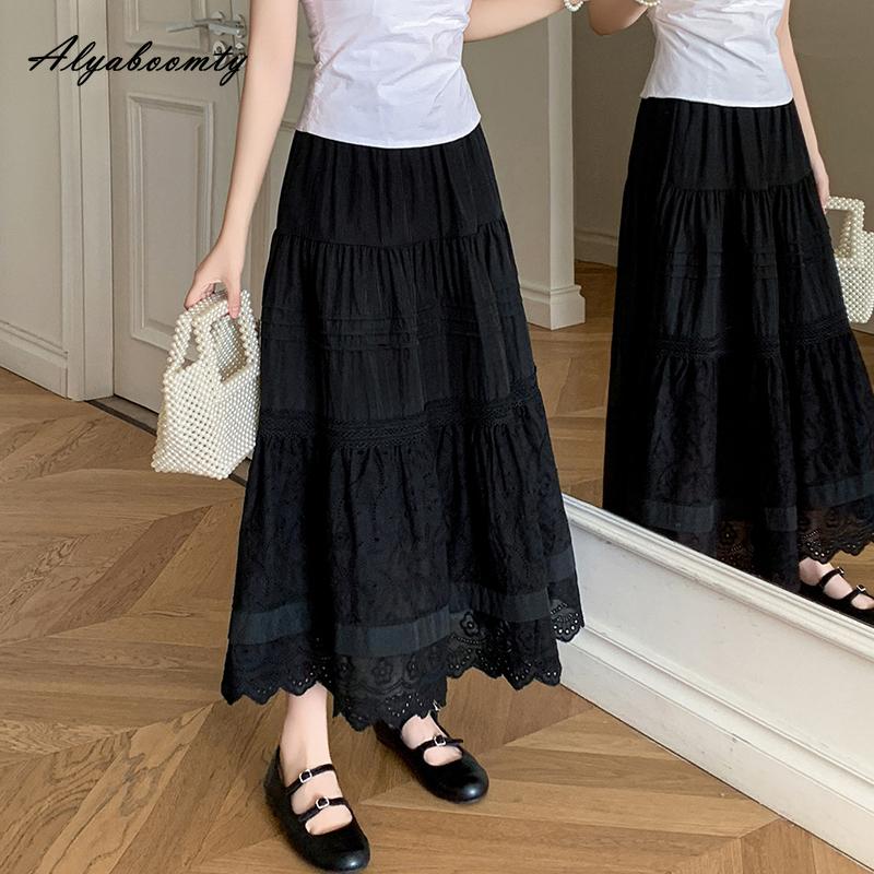 Fustă Midi Chic Coreeană de Primăvară Vară pentru Femei, Talie Elastică, Negru Alb, Broderie Florală, Fustă Ajurată, Elegantă, Feminină, de Petrecere, Fuste de Zână