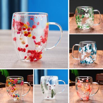 Doppelwandige Glastasse 350ml Hitzebeständige Blumen Kaffee Teetasse Isolierte Tasse für Heiße Kalte Getränke Cappuccino Latte Espresso Saft