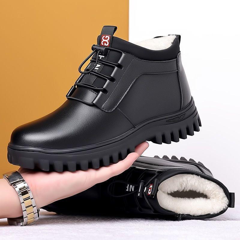 Men's cotton shoes, leather and wool integrated winter warm and velvet thickened high-top snow boots