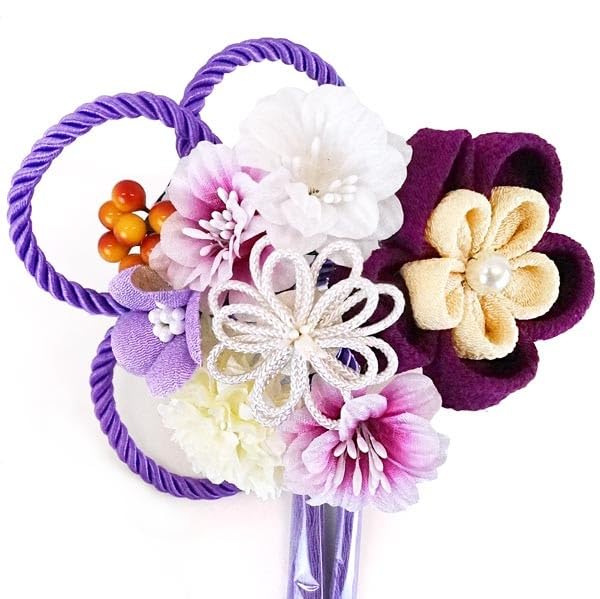 Haarschmuck-Set Rot für Furisode und Zeremonie Zweiteilig (kk-077) - Lila, Tsumami-zaiku, Chirimen, (langärmeliger Kimono) Erwachsenwerden